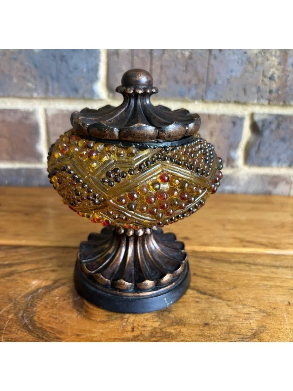 Vintage Amber Bronze Color Hobnail Lucite Round Powder Jar Trinket Box Resin Lid